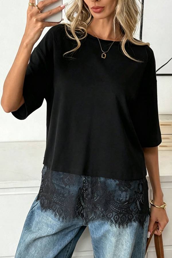 Casual Fake‑Two‑Piece Lace Hem Short Sleeve T‑Shirt