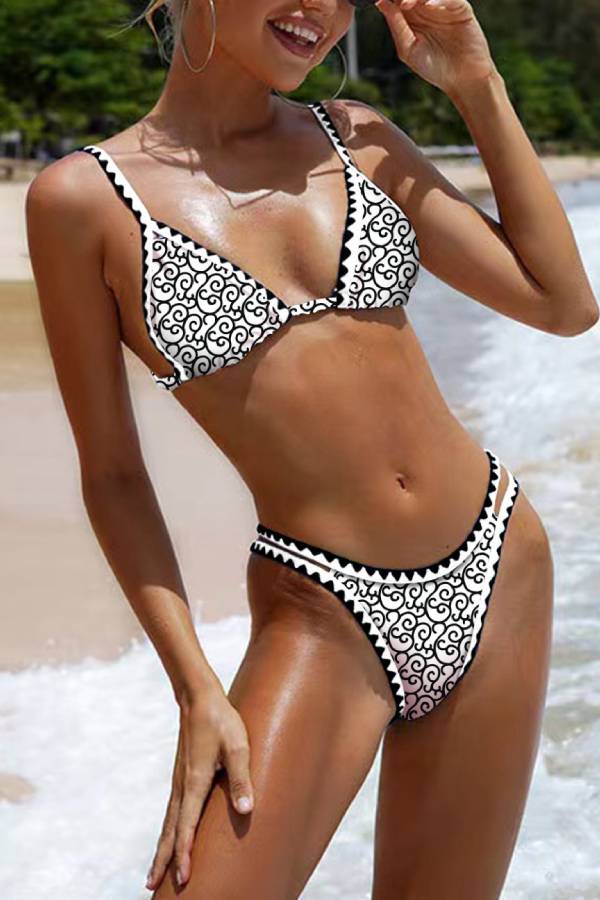 Triangle Cup Printed Rickrack Trim Two-Piece Bikini Swimsuit