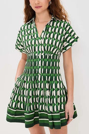 Nash Geometric Tile Print Wide Sleeve Button Up Pocketed Mini Dress