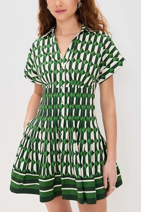 Nash Geometric Tile Print Wide Sleeve Button Up Pocketed Mini Dress