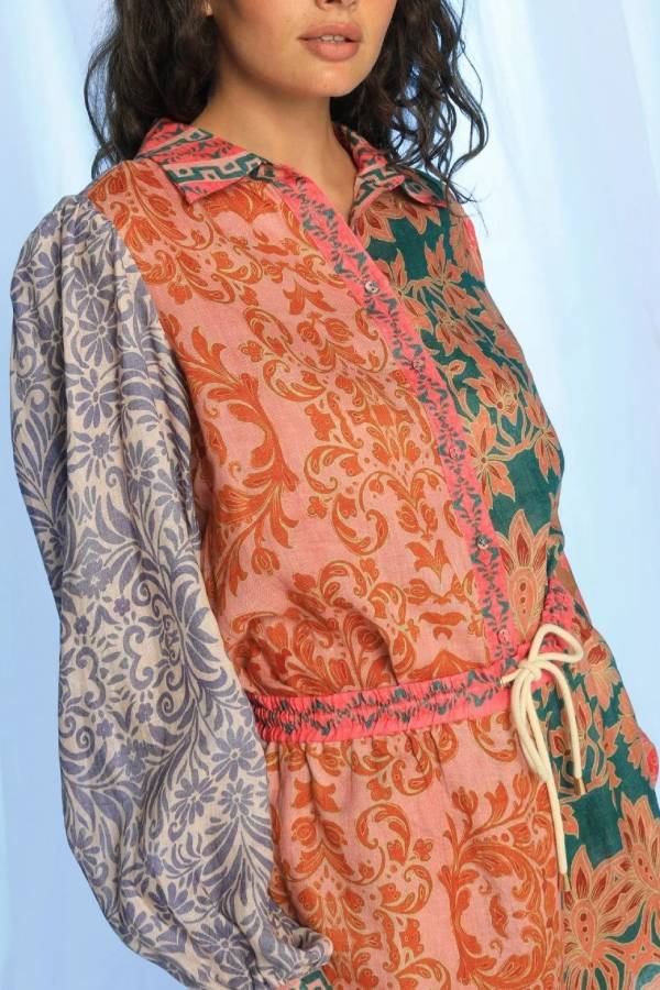 Retro patchwork patterned shirt collar jumpsuit shorts