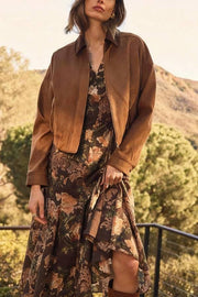 V Neck Puff Short Sleeves Floral Print Midi Dress