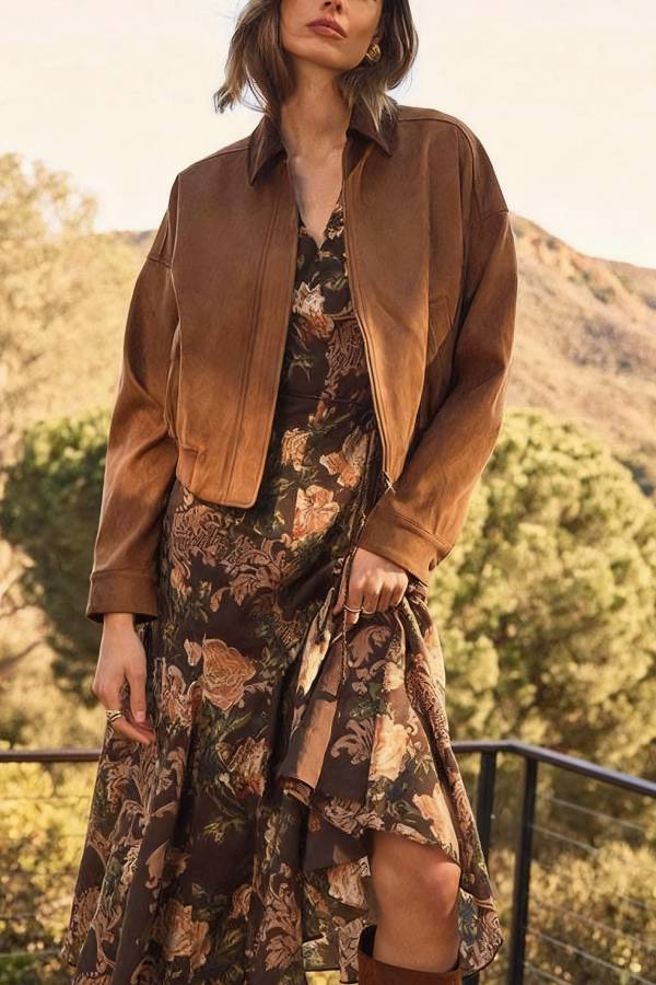 V Neck Puff Short Sleeves Floral Print Midi Dress