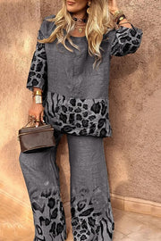 Leopard Print Crew Neck Loose Top and Elastic Waist Casual Wide-leg Pants Set