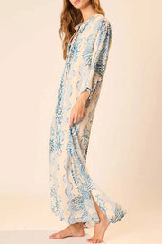 Quiet Sea Unique Print Pleated Neck Long Sleeve Slit Kaftan Maxi Dress