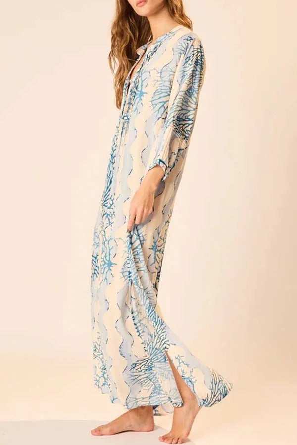 Quiet Sea Unique Print Pleated Neck Long Sleeve Slit Kaftan Maxi Dress