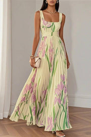 White Pleated Floral Chiffon Square Neck Sleeveless A-Line Maxi Dress