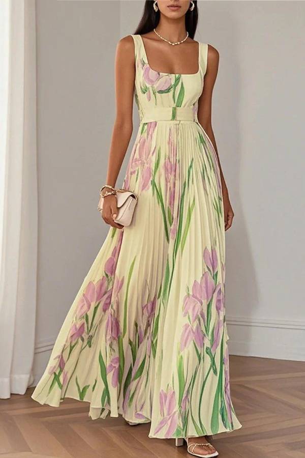 White Pleated Floral Chiffon Square Neck Sleeveless A-Line Maxi Dress