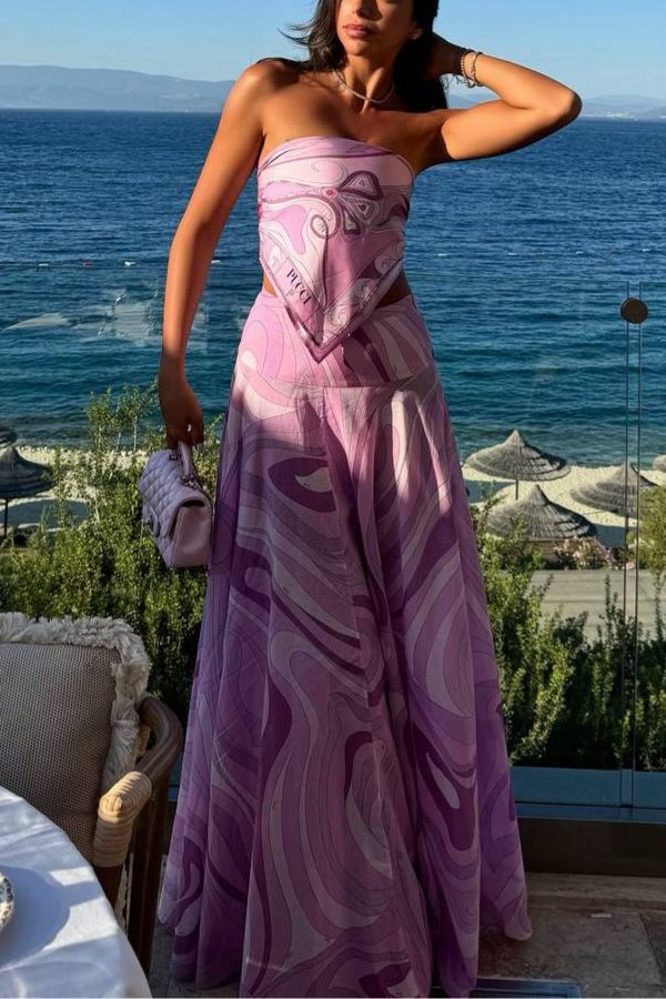 Nessie Satin Unique Print Scarf Tube Top and High Rise A-line Maxi Skirt Set