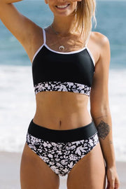 Floral Printed Patchwork Black Tankini Bikini Set