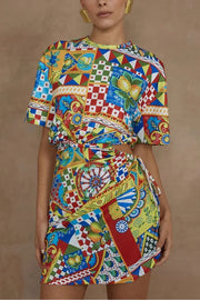 Unique Geometric Print Short Sleeve Off-Waist Tie Mini Dress