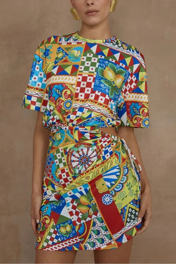 Unique Geometric Print Short Sleeve Off-Waist Tie Mini Dress