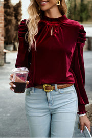 Red Mock Keyhole Neck Puff Sleeve Velvet Blouse