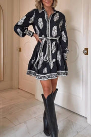 Black and white printed shirt dress with lantern sleeves