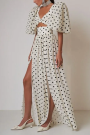 Puff Sleeve Waist Slit Hem Polka Dot Skirt Set