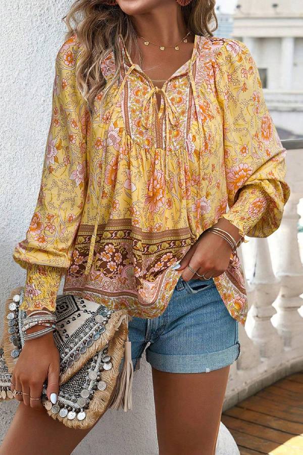 Bohemian-style printed tie-front shirt