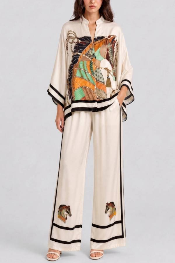 V-Neck Horse Pattern Satin Suit Pants Two-Piece Set