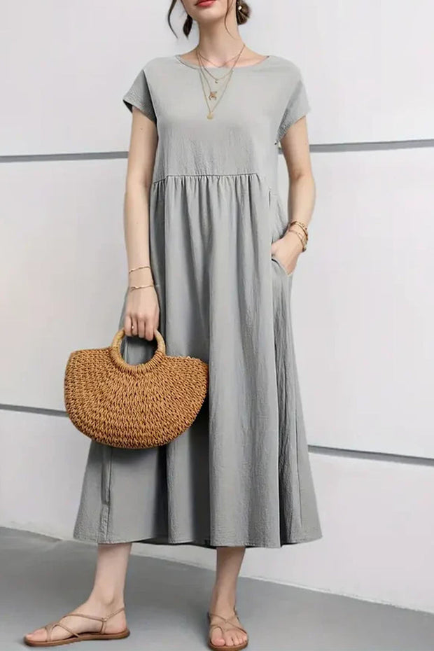 Cotton Linen Solid Short Sleeve Midi Dress