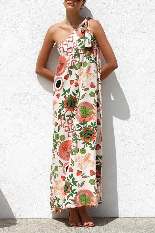 Botanical Print Elegant Strappy One-shoulder Resort Maxi Dress