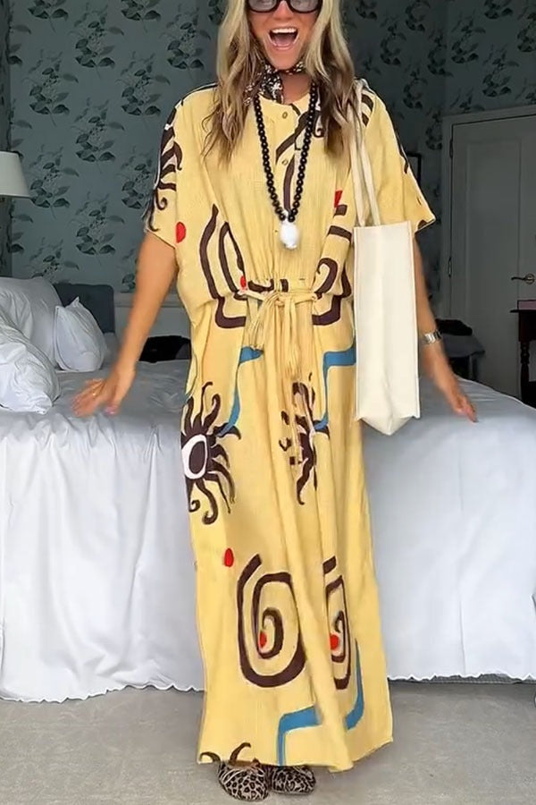 Helia Linen Blend Unique Print Drawstring Waist Kaftan Maxi Dress