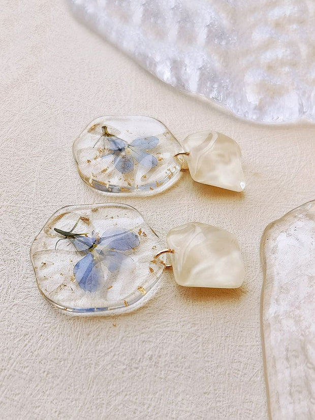 Pressed Flower Earrings - Epoxy Vintage Blue Romantic