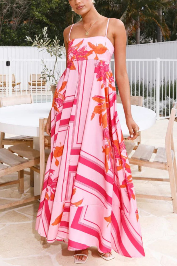 Botanical Print Square Neck Suspender Casual Full Hem Maxi Dress