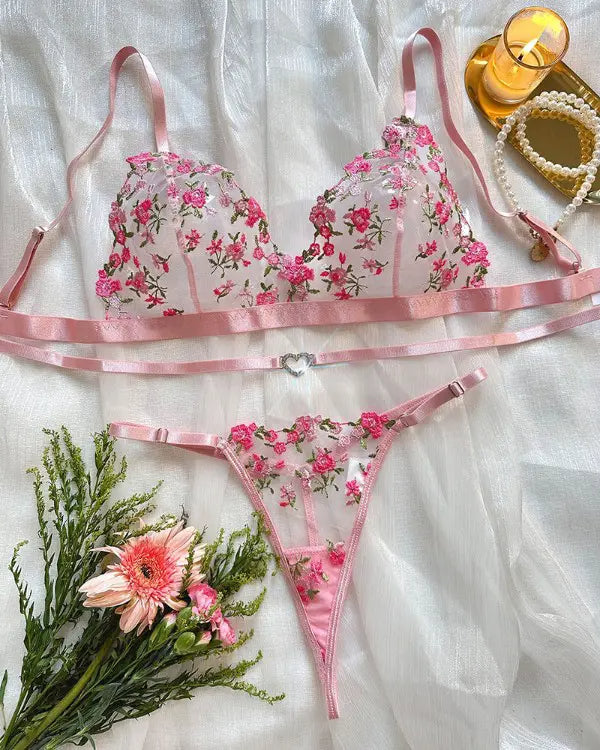 Floral Embroidery Hollow Heart Decor Lingerie Set