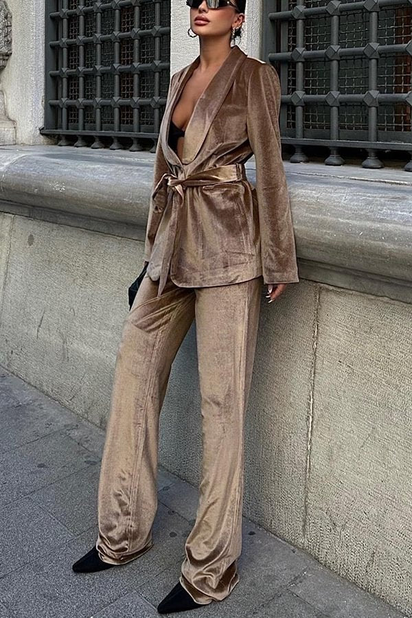 Cool Girl Energy Velvet Long Sleeve Belted Lapel Coat and Elastic Waist Pocketed Loose Pants Set