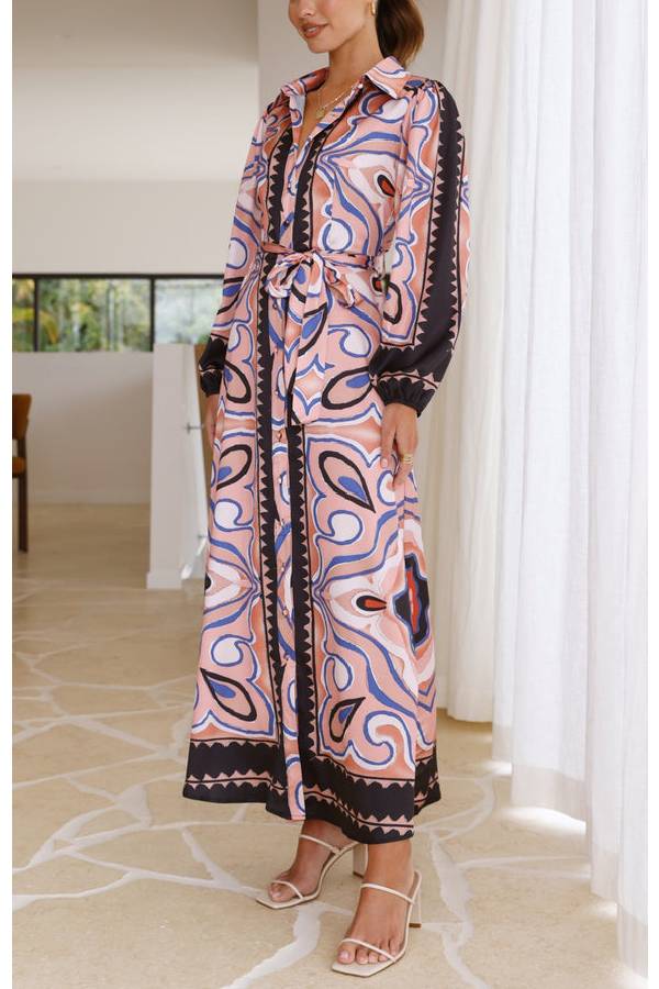 COLLARED BUTTON UP LONG BALLOON SLEEVE MAXI DRESS