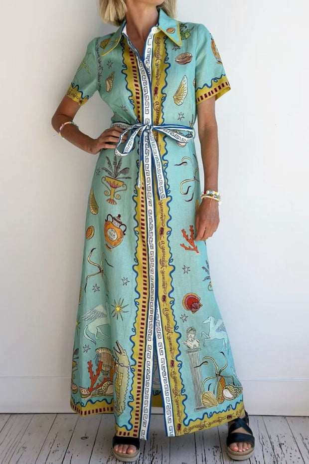 Deep Sea Dreaming Linen Blend Unique Print Short Sleeve Tie-up Shirt Maxi Dress