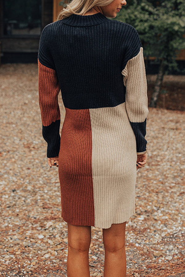 Winter Latte Knit Color Block Mock Neckline Sweater Mini Dress