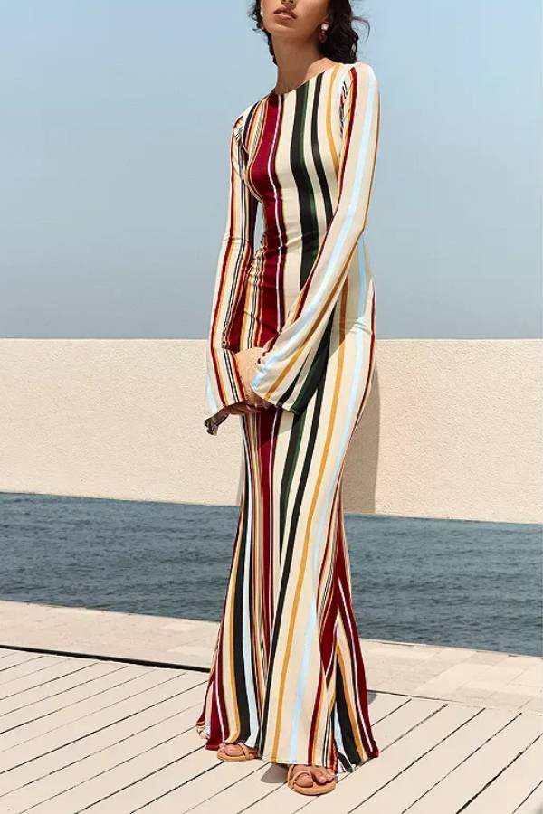 Colorful Vertical Stripe Flare Sleeve Fitted Mermaid Maxi Dress