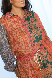 Retro patchwork patterned shirt collar jumpsuit shorts