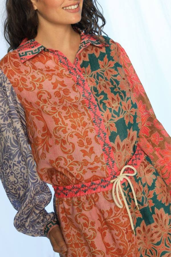 Retro patchwork patterned shirt collar jumpsuit shorts