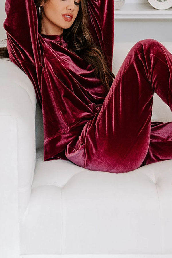 Red Solid Velvet Round Neck Top & Drawstring Pants Longe Set