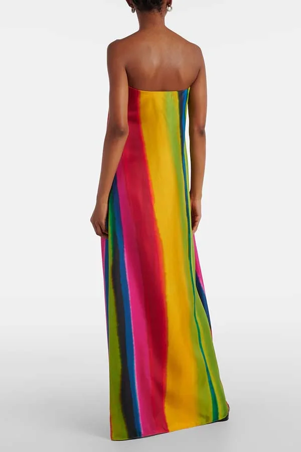 Artistic Rainbow Satin Watercolor Print Off Shoulder Pocketed H-line Maxi Dress