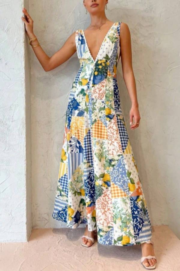 Retro-style patchwork print deep V sleeveless long dress