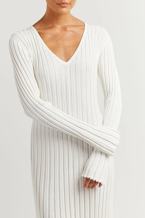 Casual waisted V-neck pit strip slimming knitted long skirt