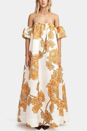 Floral Print Suspenders Puff Sleeves Loose Pocket Holiday Maxi Dress