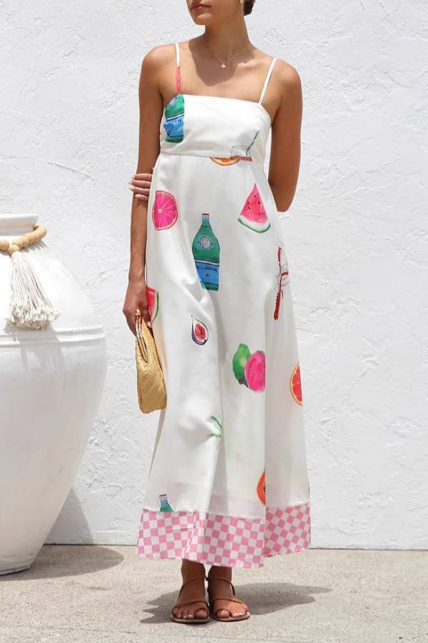 Vacation Style Fruit & Drink Print Spaghetti Strap Maxi Dress
