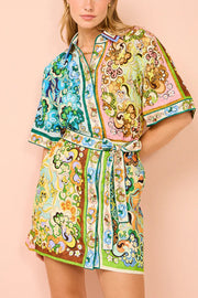 Linen Blend Unique Printed Shirt Style Tie-waist Mini Dress