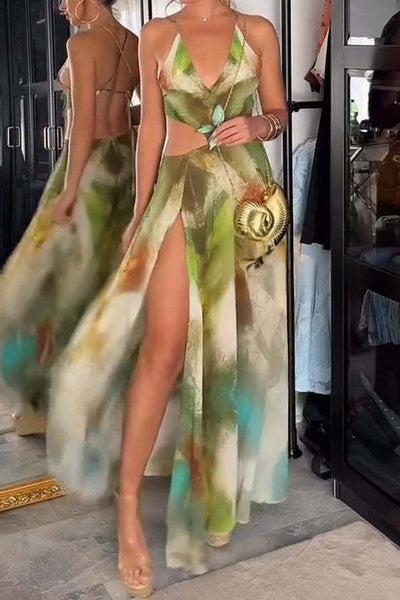 Sexy Butterfly Embellished Back Lace-up Slit Vacation Maxi Dress