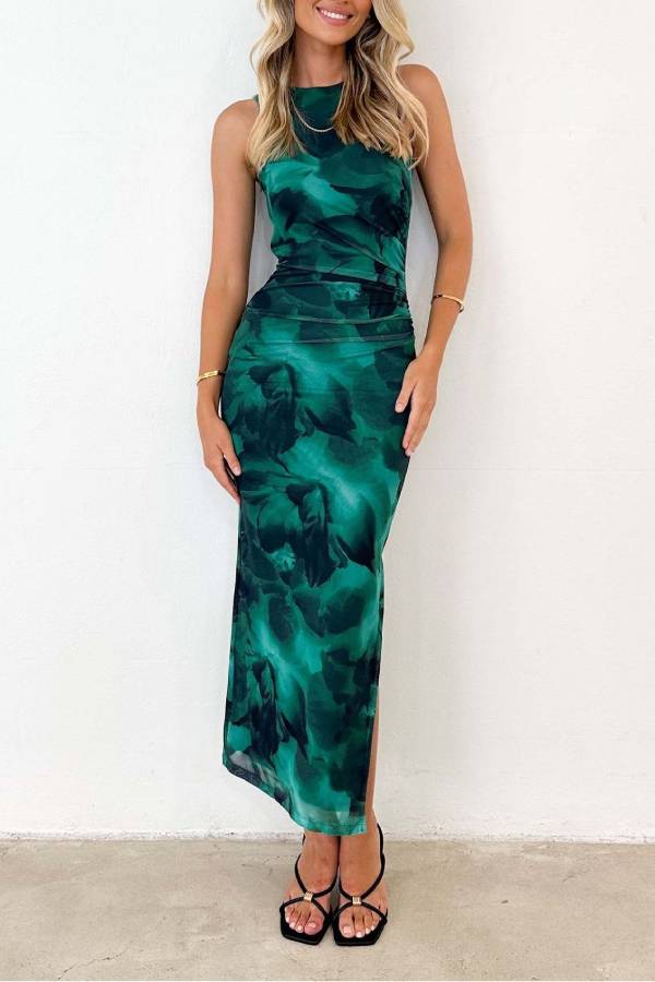 Art Print Sleeveless Fitted Maxi Dress