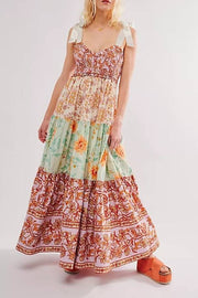 Retro print bow-strap long dress