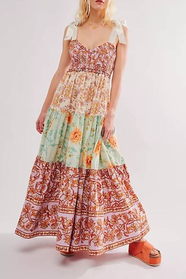 Retro print bow-strap long dress