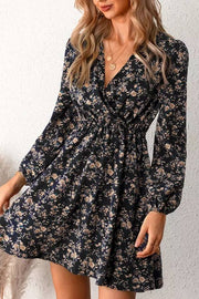 V-neck floral print fitted waist long-sleeved dress