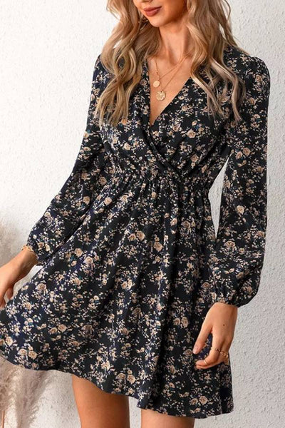 V-neck floral print fitted waist long-sleeved dress