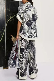 Linen Blend Lapel Short Sleeve Loose Top and Elastic Waist Casual Pocket Wide Leg Pants Set