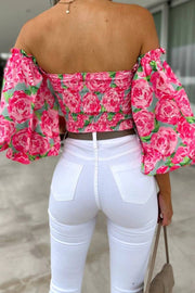 Off-shoulder puff sleeve printed waist-cinching top