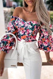 Off-shoulder puff sleeve printed waist-cinching top